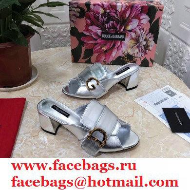 Dolce  &  Gabbana Heel 6.5cm Leather Sliders Silver With Baroque D & G Logo 2021